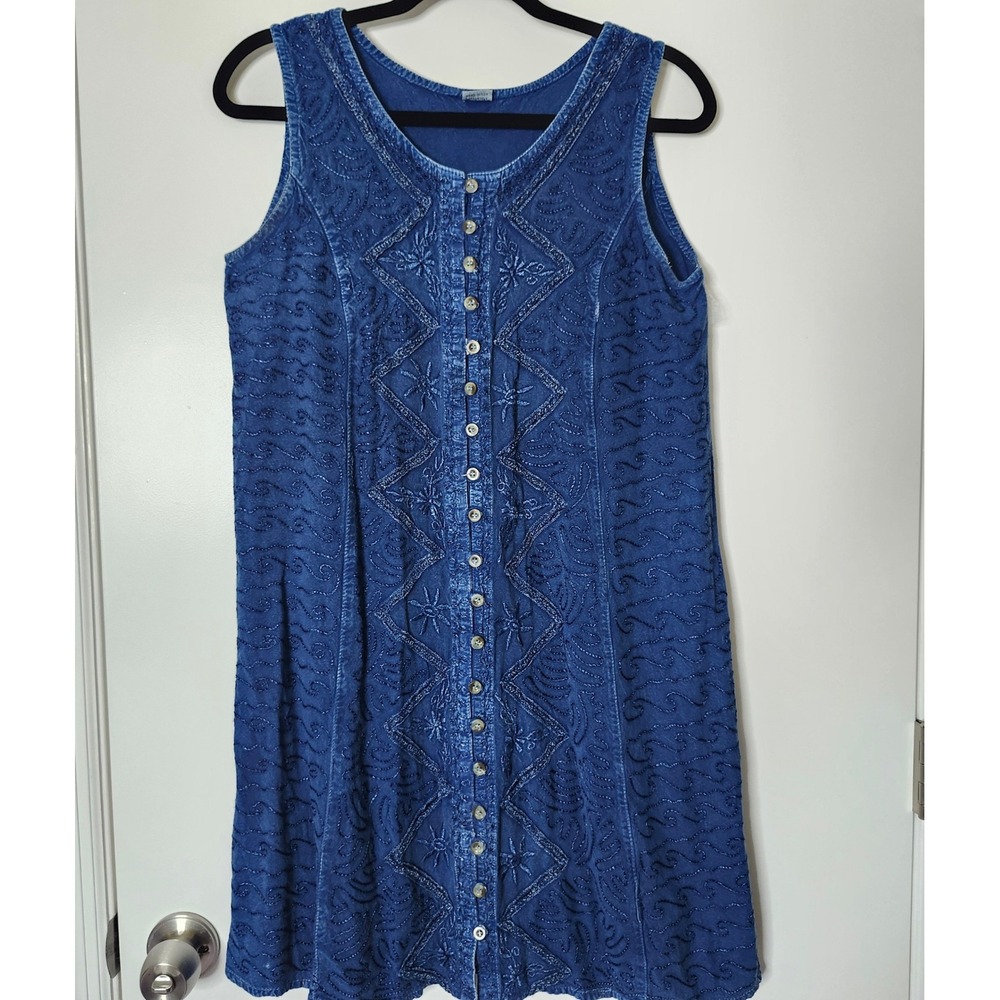 Blue Embroidered Button Front Sleeveless Jumper Dress Free Size Denim Boho Festi